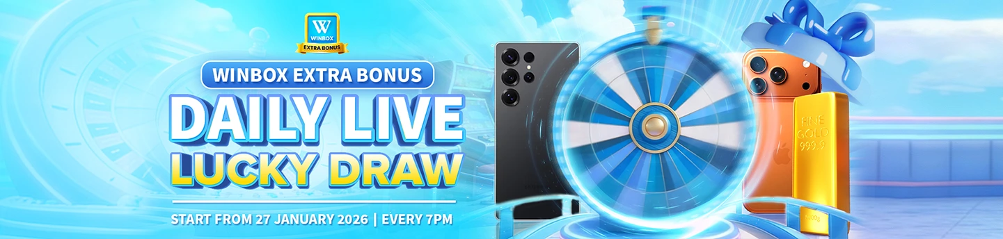 Winbox Extra Bonus Daily Live Lucky Draw with a spin wheel and prizes like iPhone 17 Pro Max, Samsung S25 Ultra and gold bars.